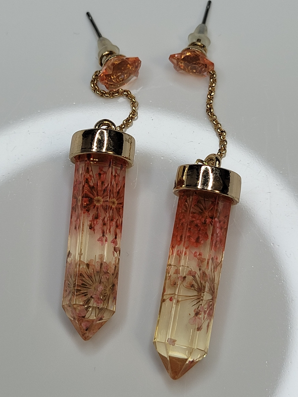 219 - Delicate Pink Flower Drop Earrings with Gold-Tone Chain